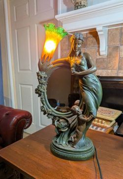 19" x 11" Art Nouveau style lily lamp shade vanity mirror table lamp