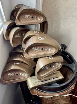 Ping BeCu Eye2 Black Dot, excellent condition, 3-9 PW SW all with matching serial numbers + LW & 2 iron. Ping 1-A putter. Original patina with vintage