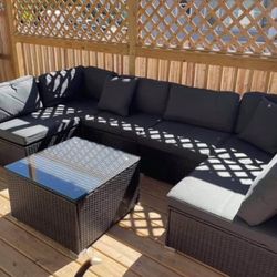 7 Piece U Shape Sectional Patio Furniture Set Brown Wicker w/ Gray Cushions 