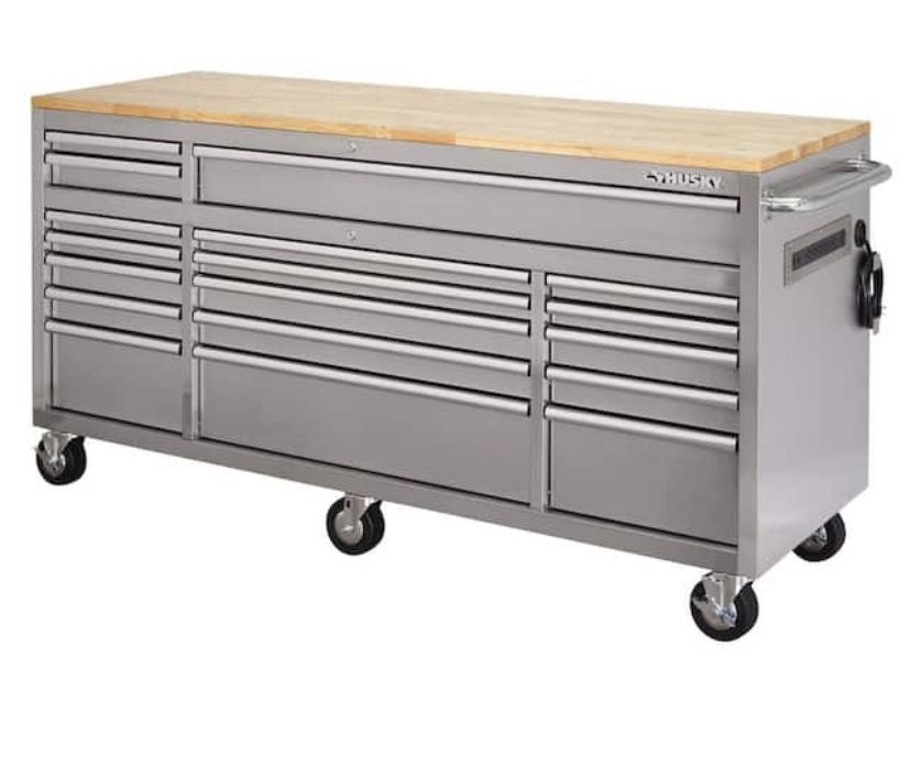 Husky 72 in. 18-Drawer 24 in. D Mobile Workbench with Solid Wood Top Stainless Steel