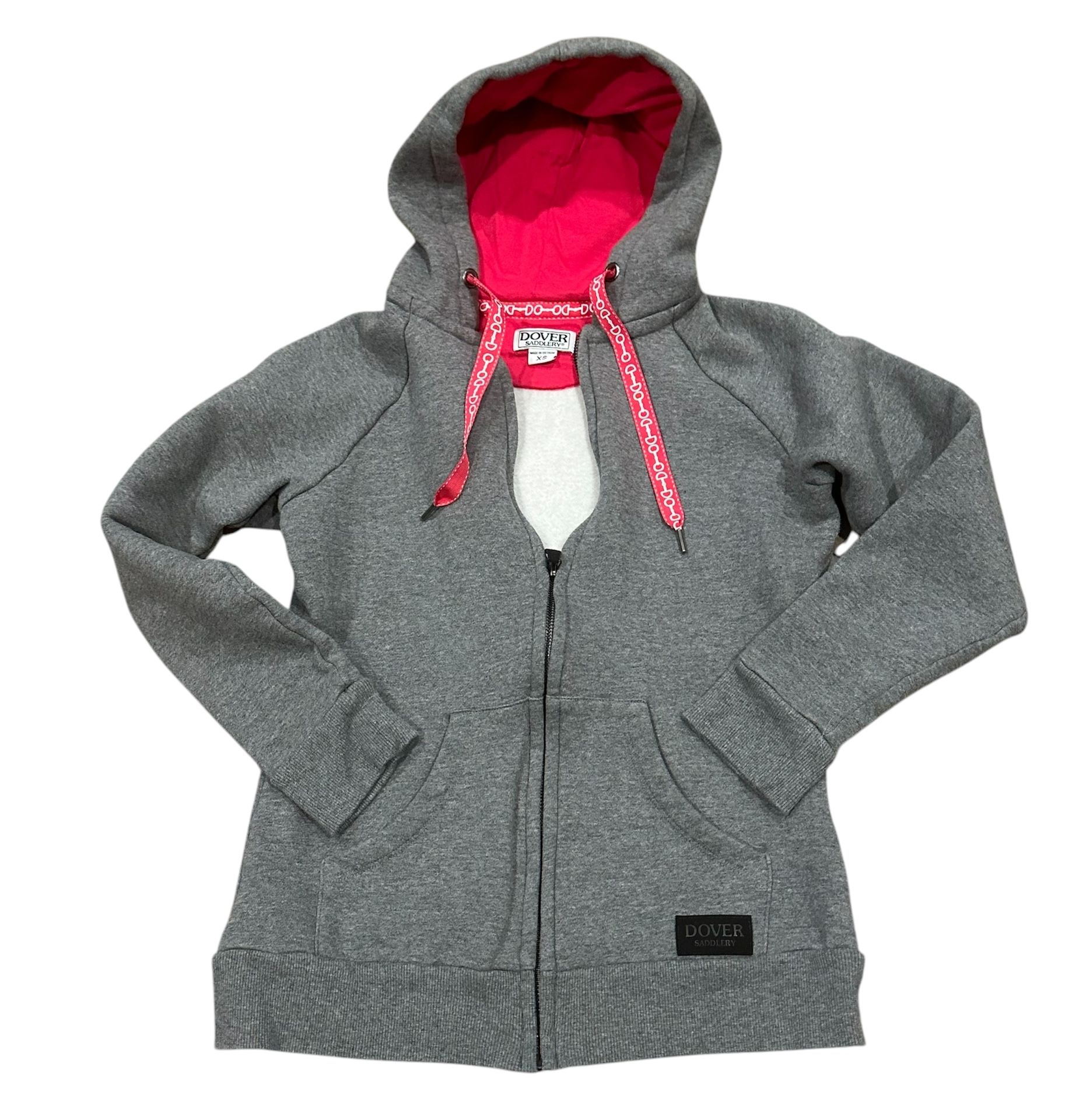 Dover Saddlery Equine Hoodie Full Zip Sweatshirt Jacket Grey Pink Fleece Lined XSmall