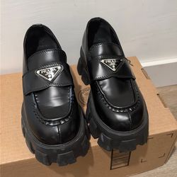 Prada Brushed Leather Monolith Loafers