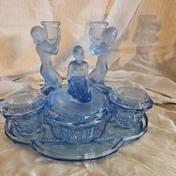Vintage Walther & Söhne Art Deco Blue Glass Vanity Set 
