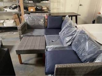 Assembled New 4 PCs Outdoor Patio Furniture Gray Wicker Blue Cushion Rattan Conversation