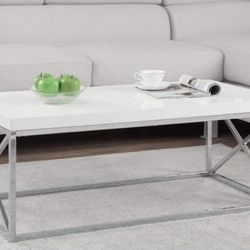 Modern Coffee Table with Chrome Frame, Glossy White 