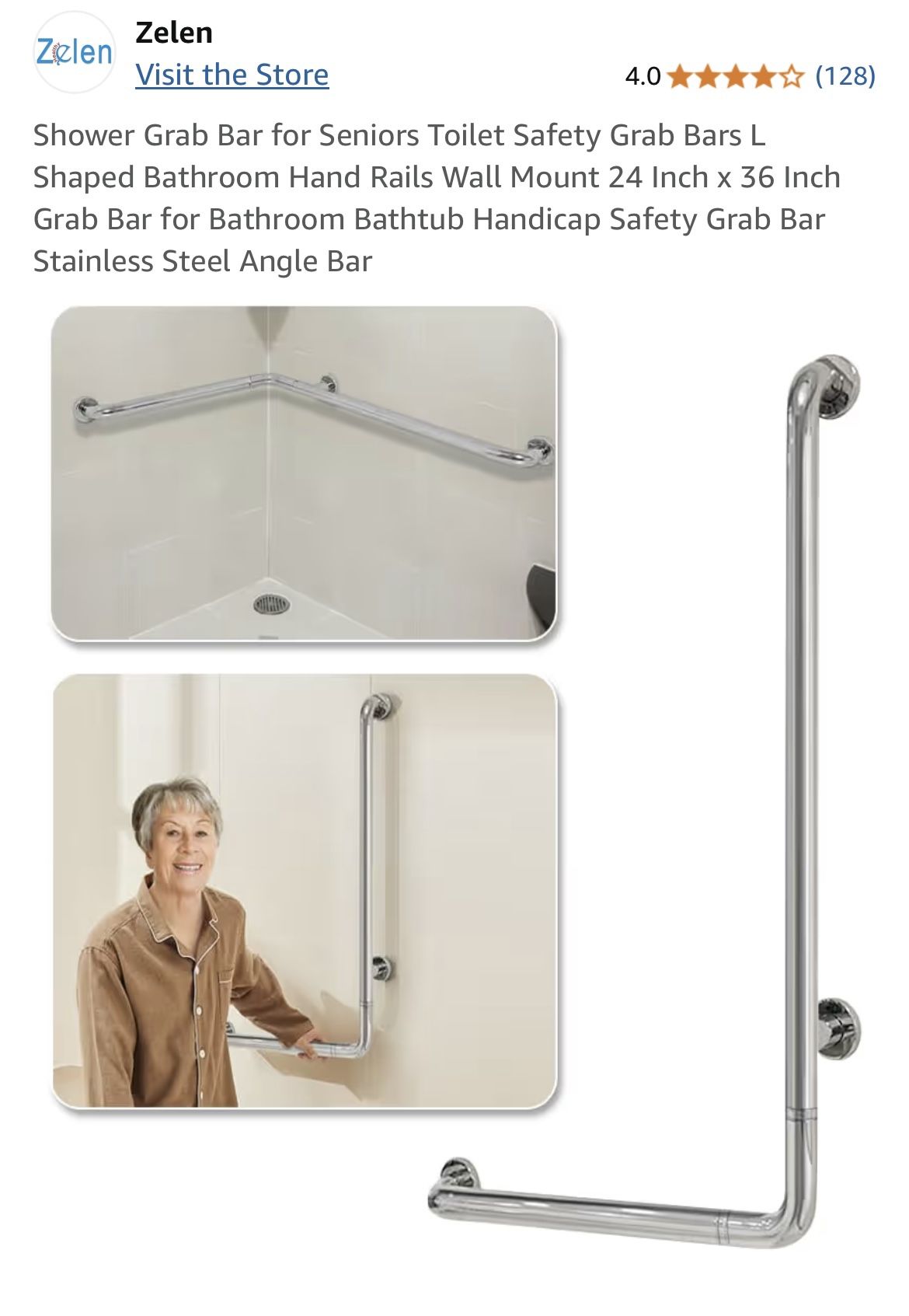 Zelen L-Shape Shower Grab Bar Wall Mount 24” x 36” Stainless Steel NEW