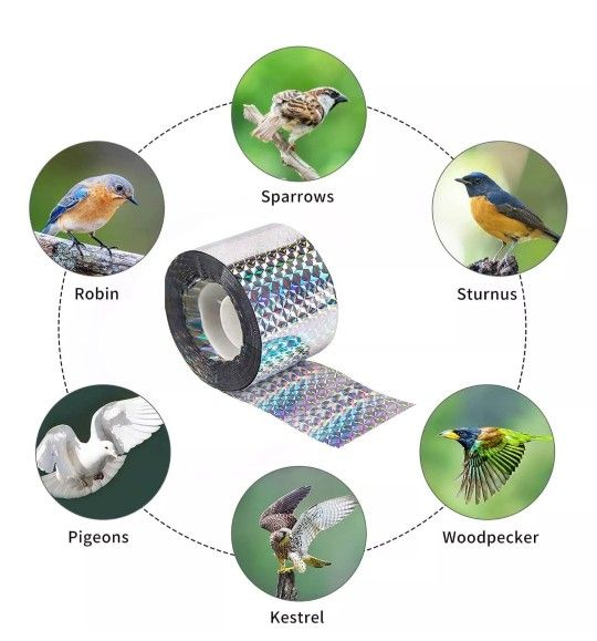 XPCARE New In Box Bird Scare Reflective Deterrent 150 FT Roll Double-sided Tape. 
The XPCARE Bird Scare Reflective Deterrent is a 150 FT roll of doubl
