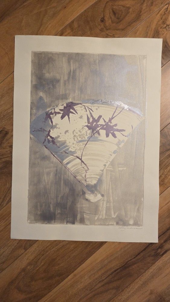 Abstract Mixed Media Painting – Neutral Gray With Botanical Accent