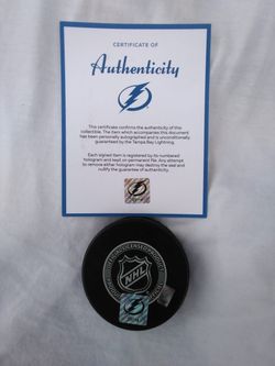 Tampa Bay Lightning hockey puck signed by Erik Černák. Certificate of Authenticity included