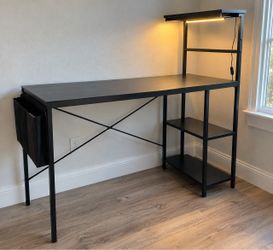 Black Computer Desk with Shelves + LED Light