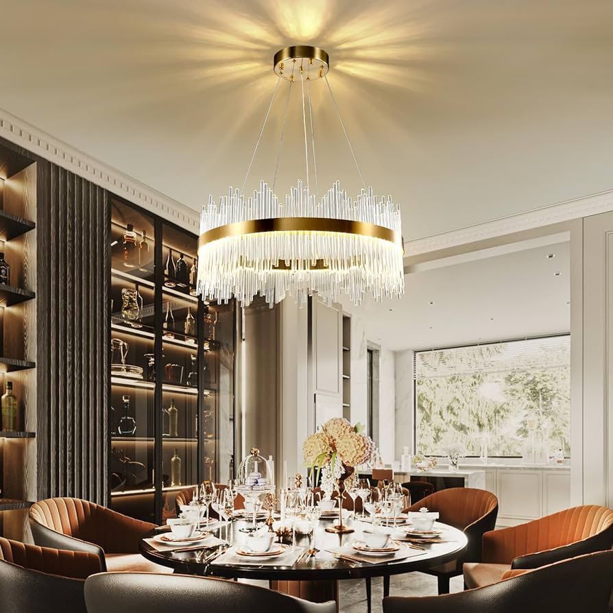 Modern Crystal Chandelier Gold Ceiling Lights, LED Pendant Light Round, Crystal Hanging Lamp for Living Room, Dining Room, Bedroom, Restaurant, Φ24 in