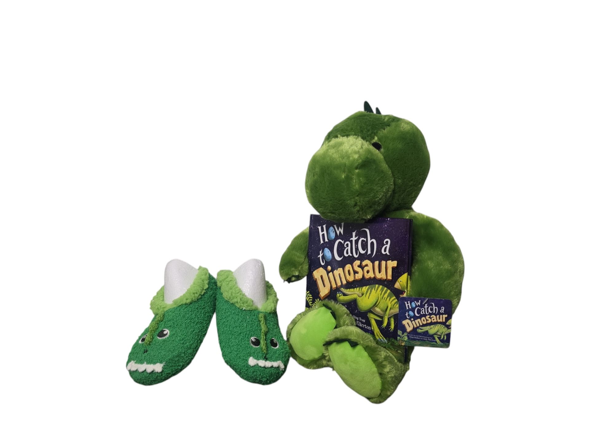 How To Catch A Dinosaur Green Plush Toy with Book & Dino Slippers Bundle