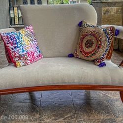SILK-GREY WOODEN CONTEMPORARY AND ANTIQUE THEMED MAHOGANY SOFA SET