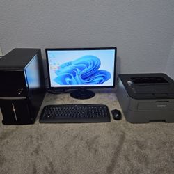 Windows 11 PC, 22-inch LED monitor, laser printer, wireless keyboard and mouse
