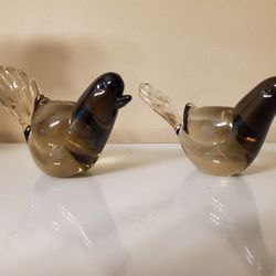Pair Small Murano Smoke Grey Sommerso Dove Bird Figurine Seguso Type - Vintage Mid-Century Italian Art Glass