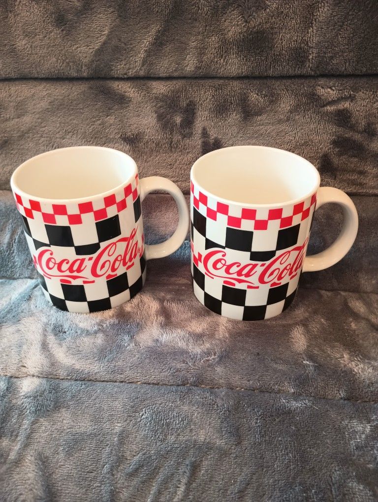 Two Collectible Gibson Coca Cola 1997 Retro Red and Black Checker Pattern Coffee Mugs Tea Cups