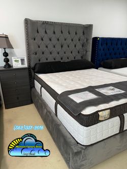 Grey velvet bed frame new queen size cama nueva