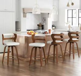 26 in. White Faux Leather and Walnut Wood Mid-Century Modern Swivel Counter Height Bar Stool (Set of 4)