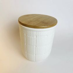 Storage Jar Canister Ivory Ceramic Woven Weave Pattern Kitchen Counter 6 in tall