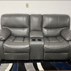 Madrid, gray leather reclining sofa and loveseat set now only $999. Easy finance option. Same delivery.