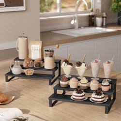 SONGMICS Display Risers, Set of 2 Engineered Wood Perfume Organizer Stand, 3-Tier Cupcake Stand Holder, Spice Rack, Shelf Risers for Figures, Dessert 