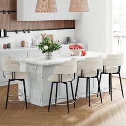 24"H Fabric Upholstered Swivel Bar Stools, Beige (Set of 4)