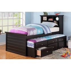 Bookcase Heabdoard Bed with Trundle & Storage - Black, Brown Or White/Pink Color