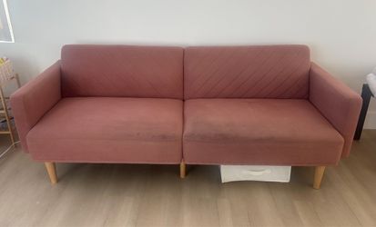 Pink Velvet Sofa with Wood Legs