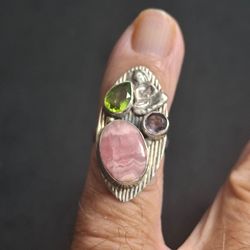 Sterling Silver Multi-Stone Statement Ring With Rhodochrosite, Peridot & Amethyst Vintage Art Deco Style Size 5.5