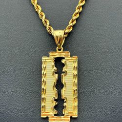 10k solid yellow gold Hip Hop Blade pendant charm & 21” 3.5mm rope chain necklace 12.5 grams