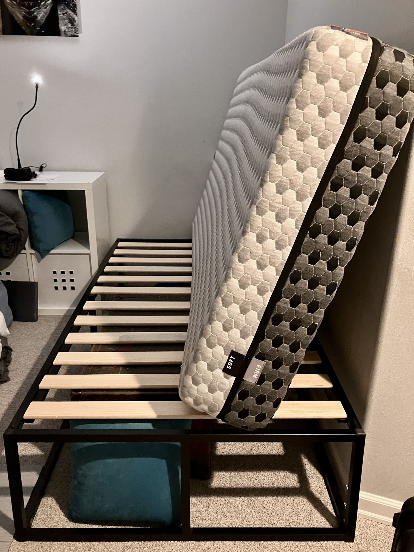 Twin Layla Memory Foam Mattress and Zinus Metal Bed Frame with wood slats