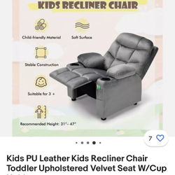 Kids Youth Gray PU Leather Recliner Chair with Cup Holders and Side Pockets