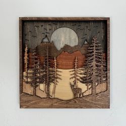 Mountain Mandala Stained Wood Wall Art, Laser-Cut Basswood, 7 Layers, Deer & Lake Scene, Nature-Inspired Home Decor, Wood Trees Wall Piece