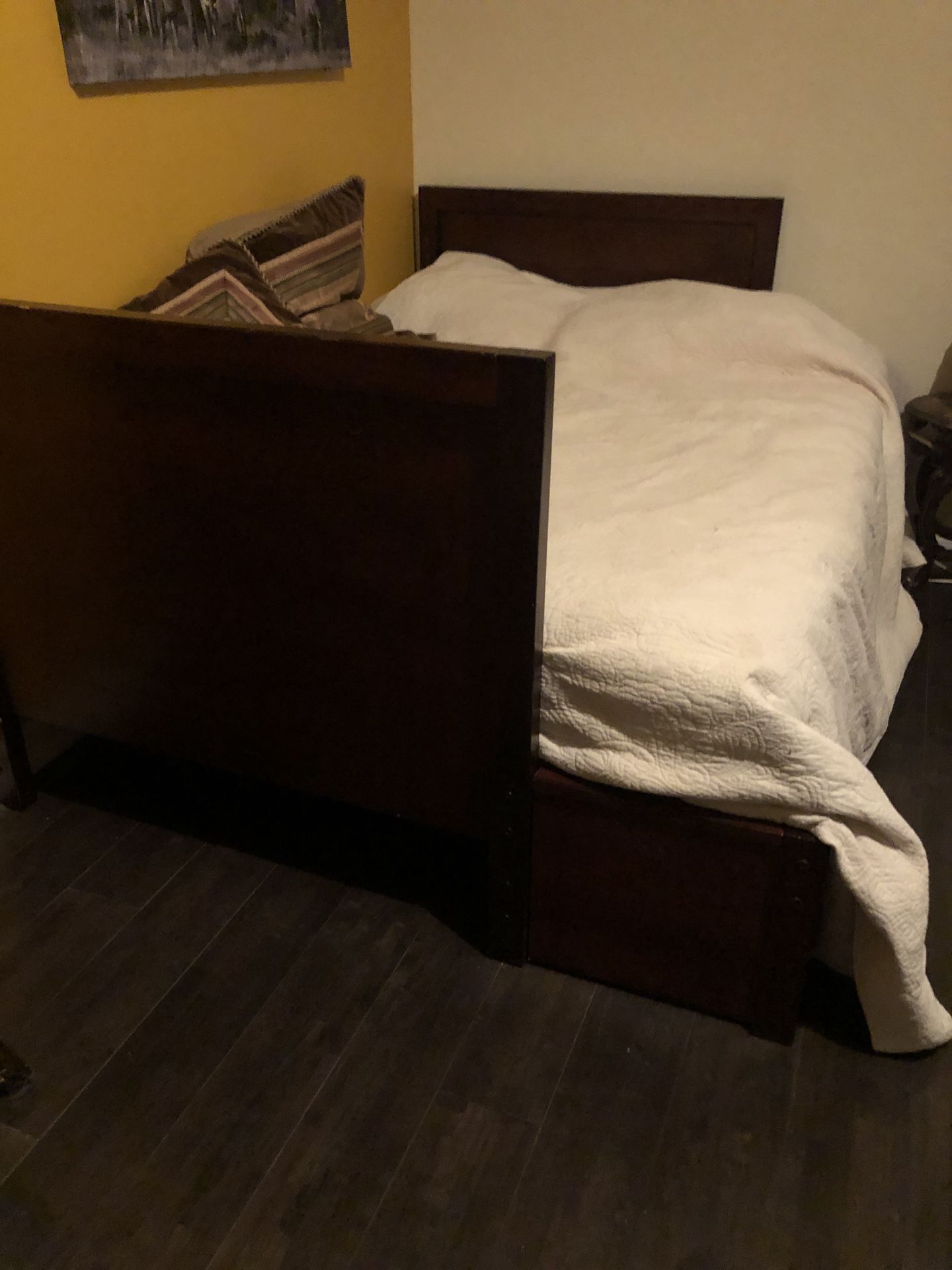 Full cherry wood full sized bed frame. No mattress. Comes apart to transport.