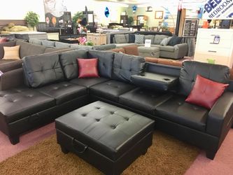 Brand New Black Sectional In Durable Faux Leather $50 Down Takes It Home Today!