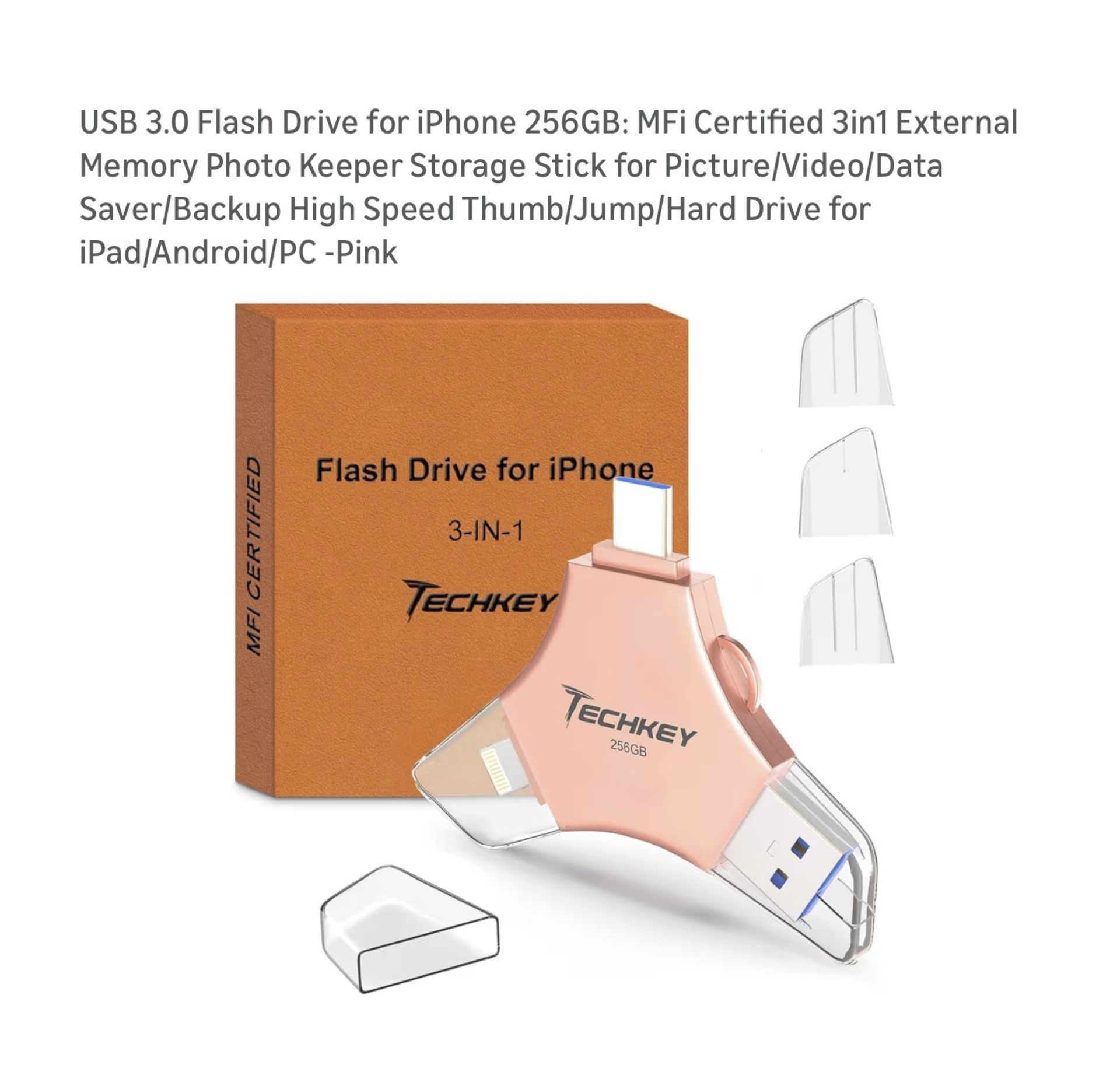 Brand new USB 3.0 Flash Drive for iPhone 256GB: MFi Certified 3in1 External Memory Photo Keeper Storage Stick for Picture/Video/Data Saver/Backup High