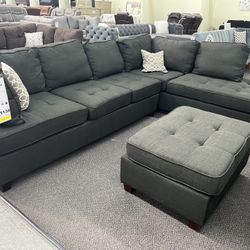 New Reversible Sectional .  Grey.  Microfiber .  112” X 84”.  Free Delivery !