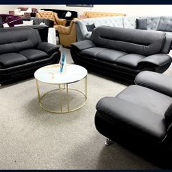 New Black Leather Sofa Set 3pc - Delivery And Financing Available 