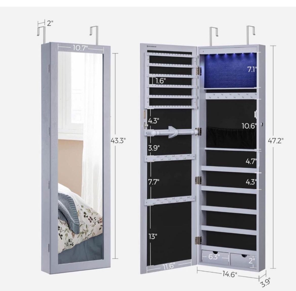 6 LEDs Mirror Jewelry Cabinet, 47.2-Inch Tall Lockable Wall or Door Mounted Jewelry Armoire Organizer with Mirror, 2 Drawers, 3.9 x 14.6 x