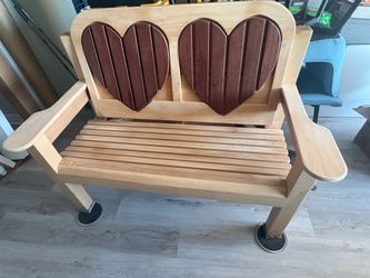 Wood Heartback Garden Bench with Red Twin Hearts Patio Bench Patio Loveseat Wood Outdoor Chair 41” x 54” x 26 1/2”