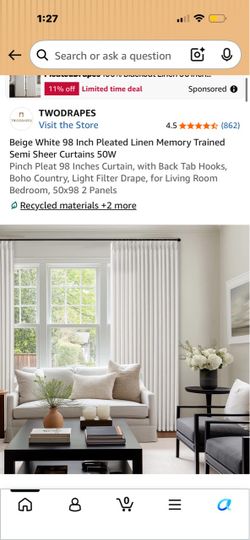BRAND NEW TWODRAPES 98” Pleated Linen Curtains – $40 Set!