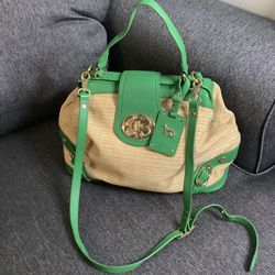 Emma Fox Satchel Green Leather And Natural Woven Linen Blend Tan Crossbody Bag