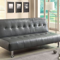 Brand New Gray Leatherette Futon Sofa Sleeper With Side Pockets 