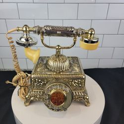 Vintage Hollywood Regency Style Ornate Rotary Dial Phone – Gold/Silver Tone – Castle Dial Insert