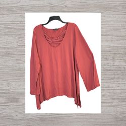Cable & Gauge Rust Dark Coral Shirt w Cross Lacing Neckline Women 3X