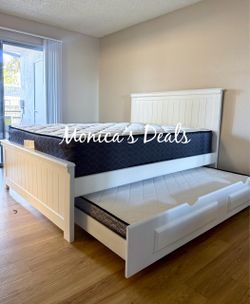 Queen Solid Wood Bed With Twin Trundle And Both Mattresses $860