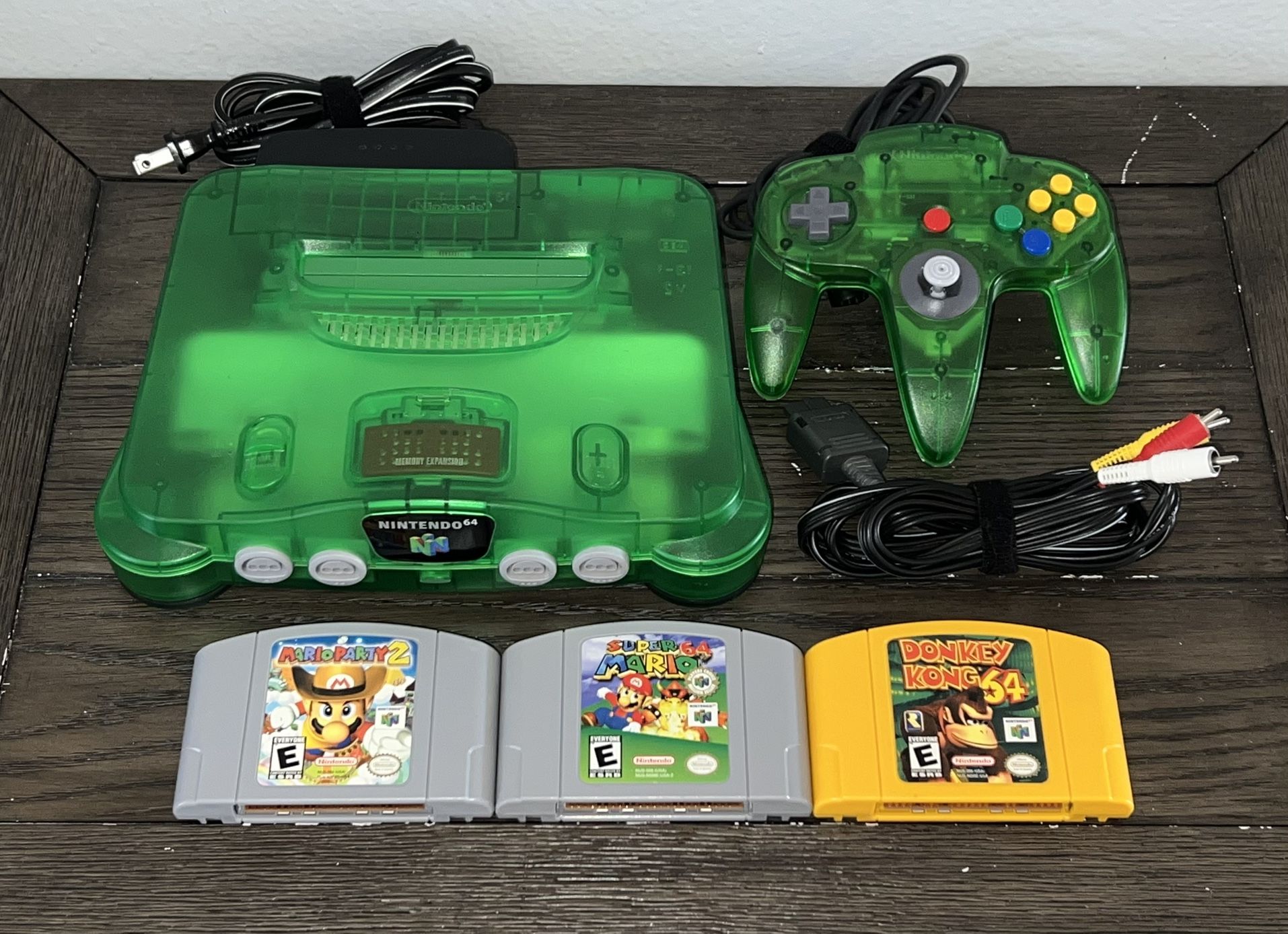 Jungle Green N64 Console & Controller W/Expansion Pack & Donkey Kong+Games MINT
