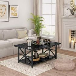 Coffee Table with Round Corners, 2 Tier Coffee Table with Storage Shelf, Rectangular Center Table for Living Room Modern Style, Marble Tea Table 39.37