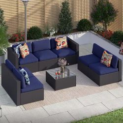 PHI VILLA Black Rattan Wicker 7 Seat 8-Piece Steel Outdoor Patio Sectional Set with Blue Cushions and Coffee Table Price-850$ Condition-new