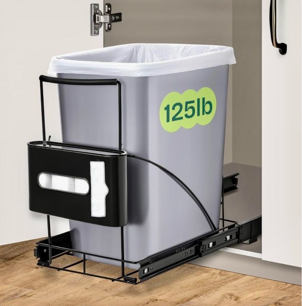 Pull Out Trash Can Under Cabinet Shelf - Under Sink Trash Can Pull Out Slider for 30-40 Quart Cans Up to 125 lb - Cabinet Trash Can Pull Out Kit w/Gar